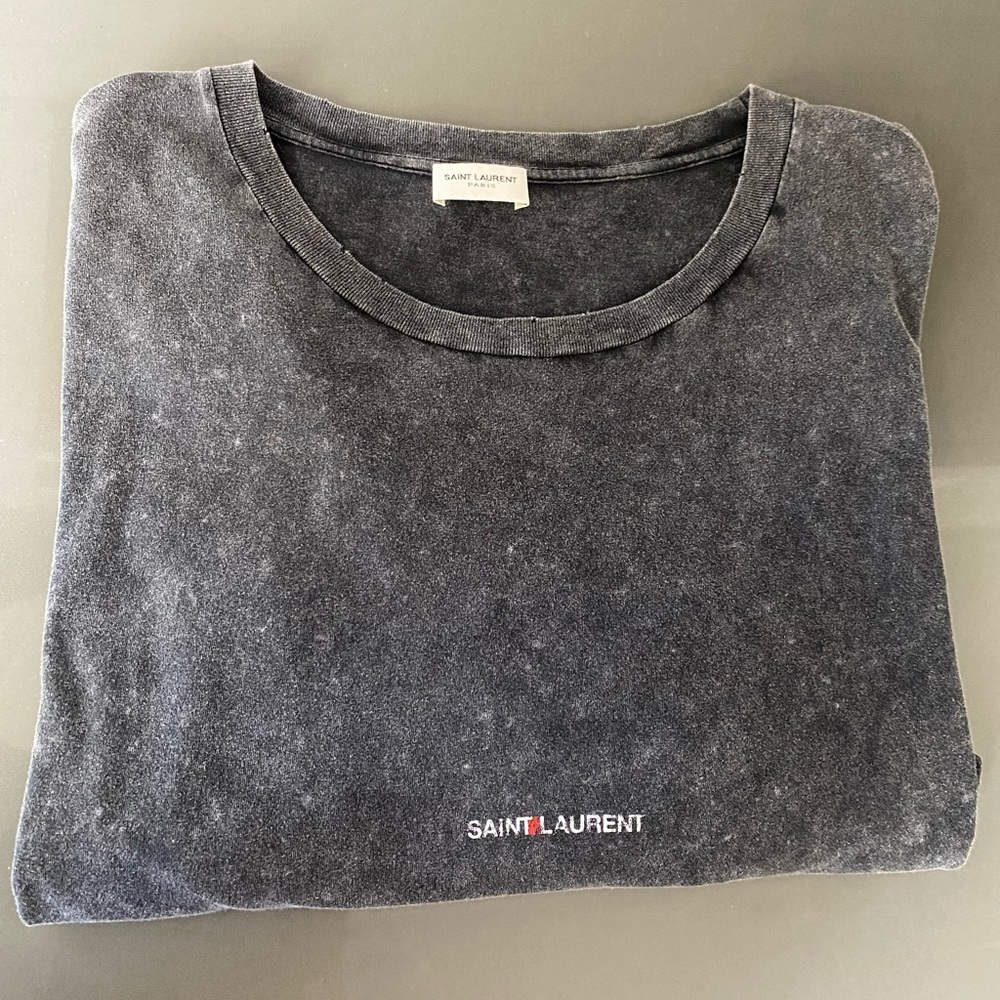 SAINT LAURENT PARIS distresses gray logo t shirt size large